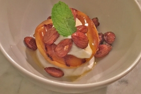 Recipe: Grilled Peaches With Vanilla Yogurt and Candied Almonds