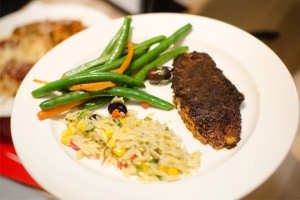 UMASS - Blackened Tilapia with Herb Vegetable Orzo Salad, Green Beans and Carrots